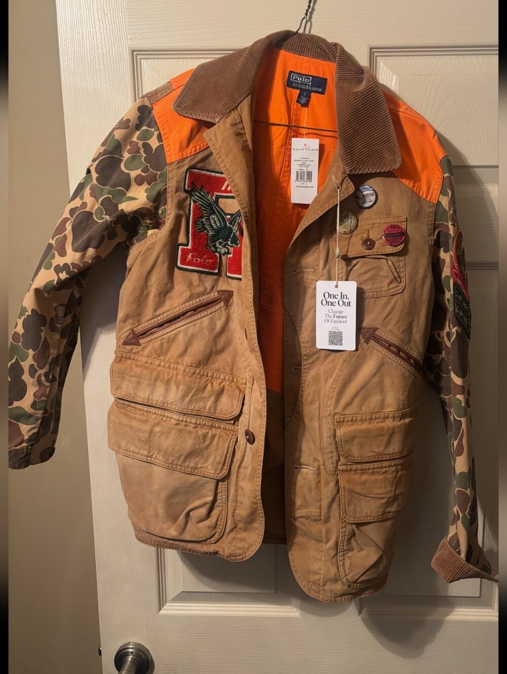 NWT Men's Polo by Ralph Lauren Khaki Jacket with Camo Sleeves and Orange Accents - Picture 2 of 9